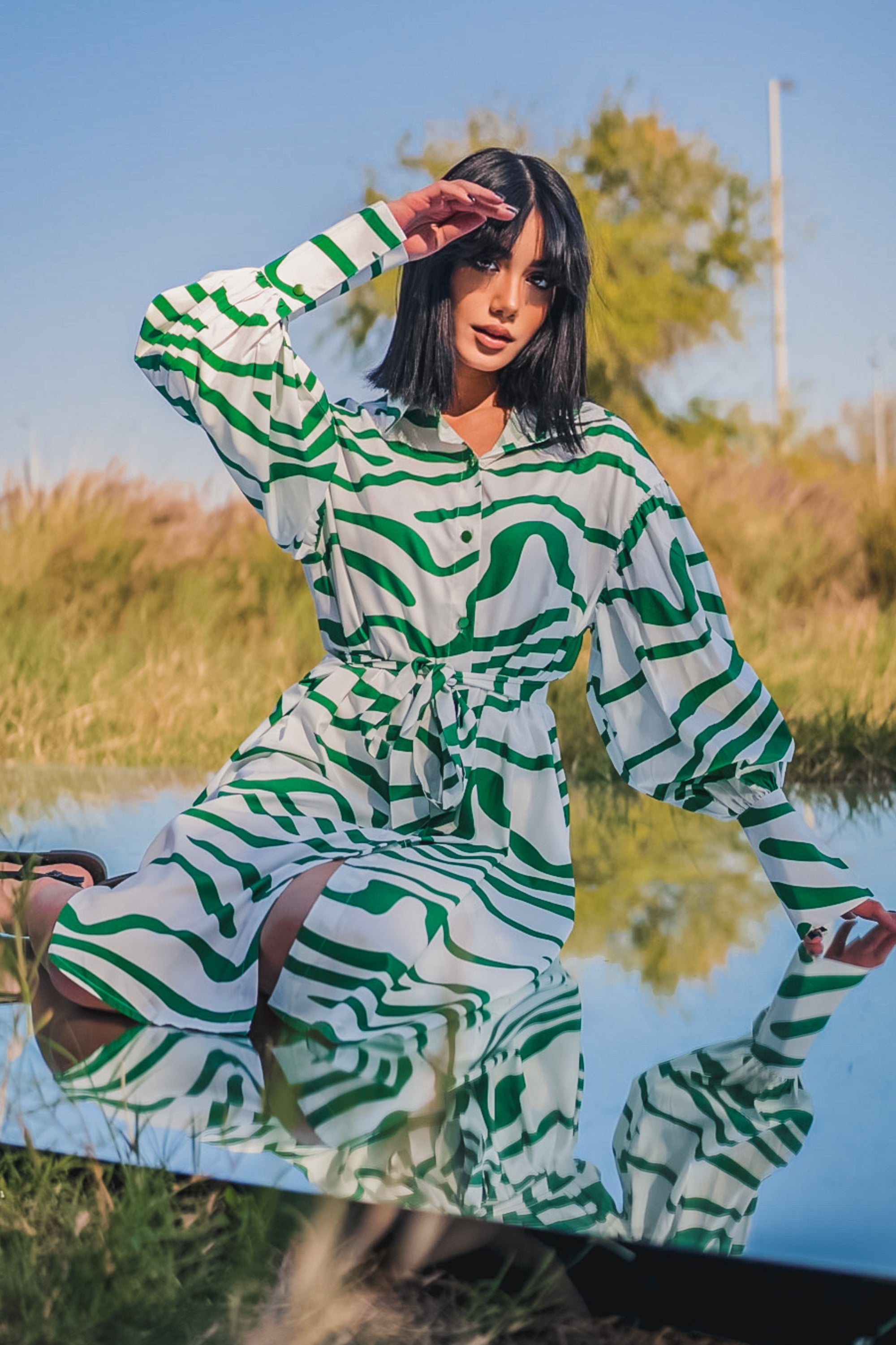 DRESS FLOW MID LONG SLEEVE PRINTED00 - فستان متناسق متوسط الطول اكمام طويله نمط مطبوع