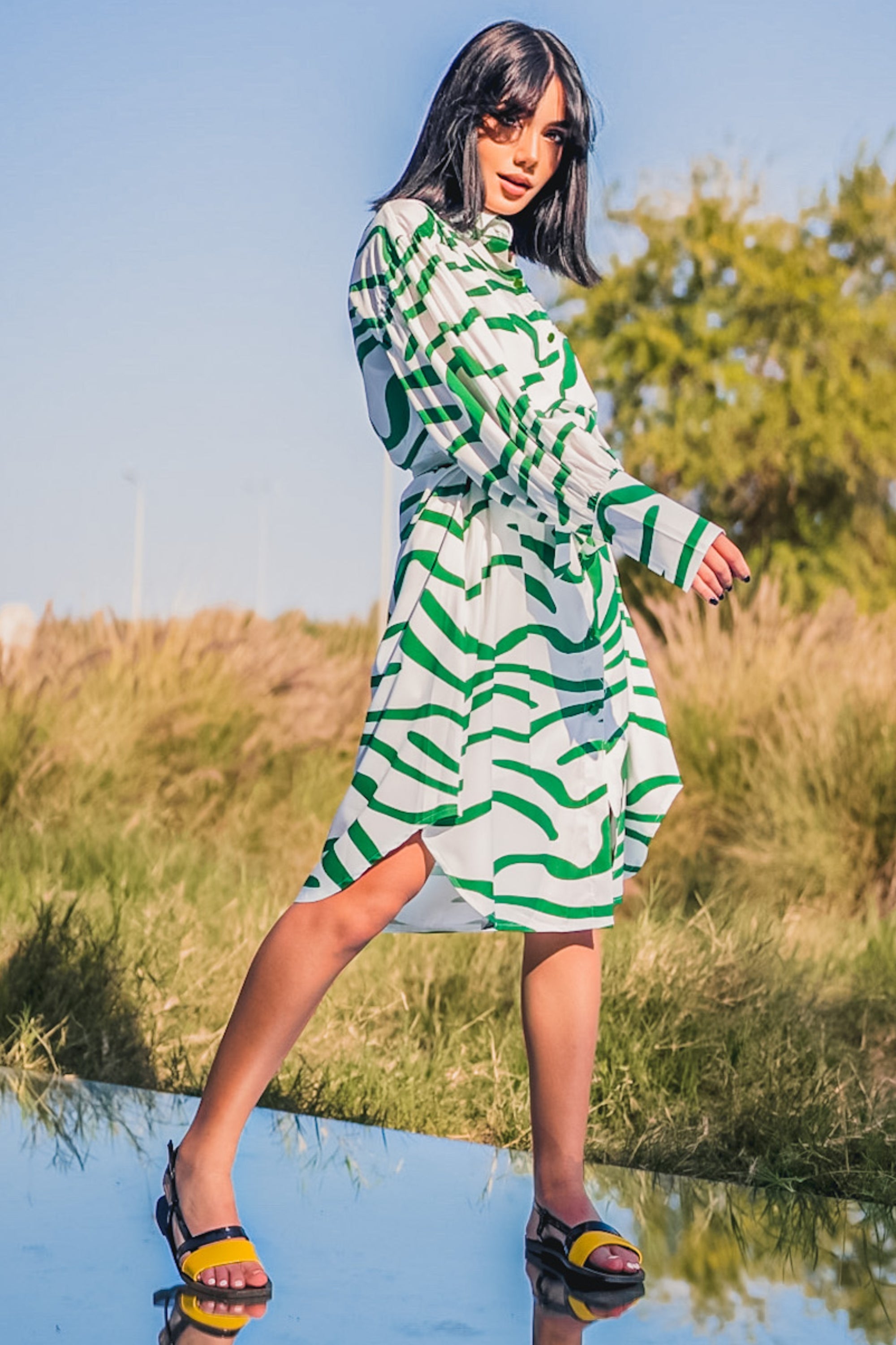DRESS FLOW MID LONG SLEEVE PRINTED00 - فستان متناسق متوسط الطول اكمام طويله نمط مطبوع