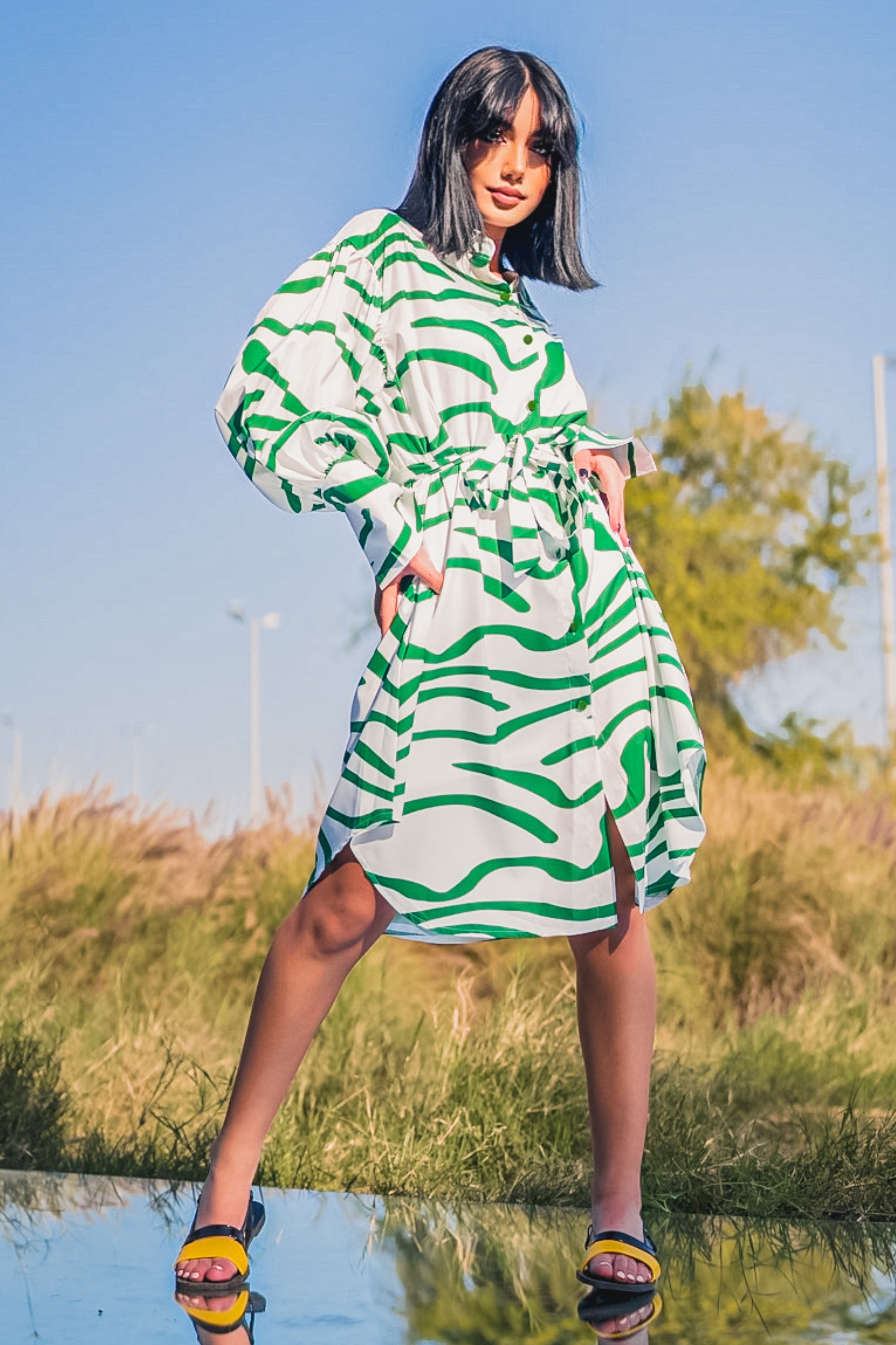 DRESS FLOW MID LONG SLEEVE PRINTED00 - فستان متناسق متوسط الطول اكمام طويله نمط مطبوع