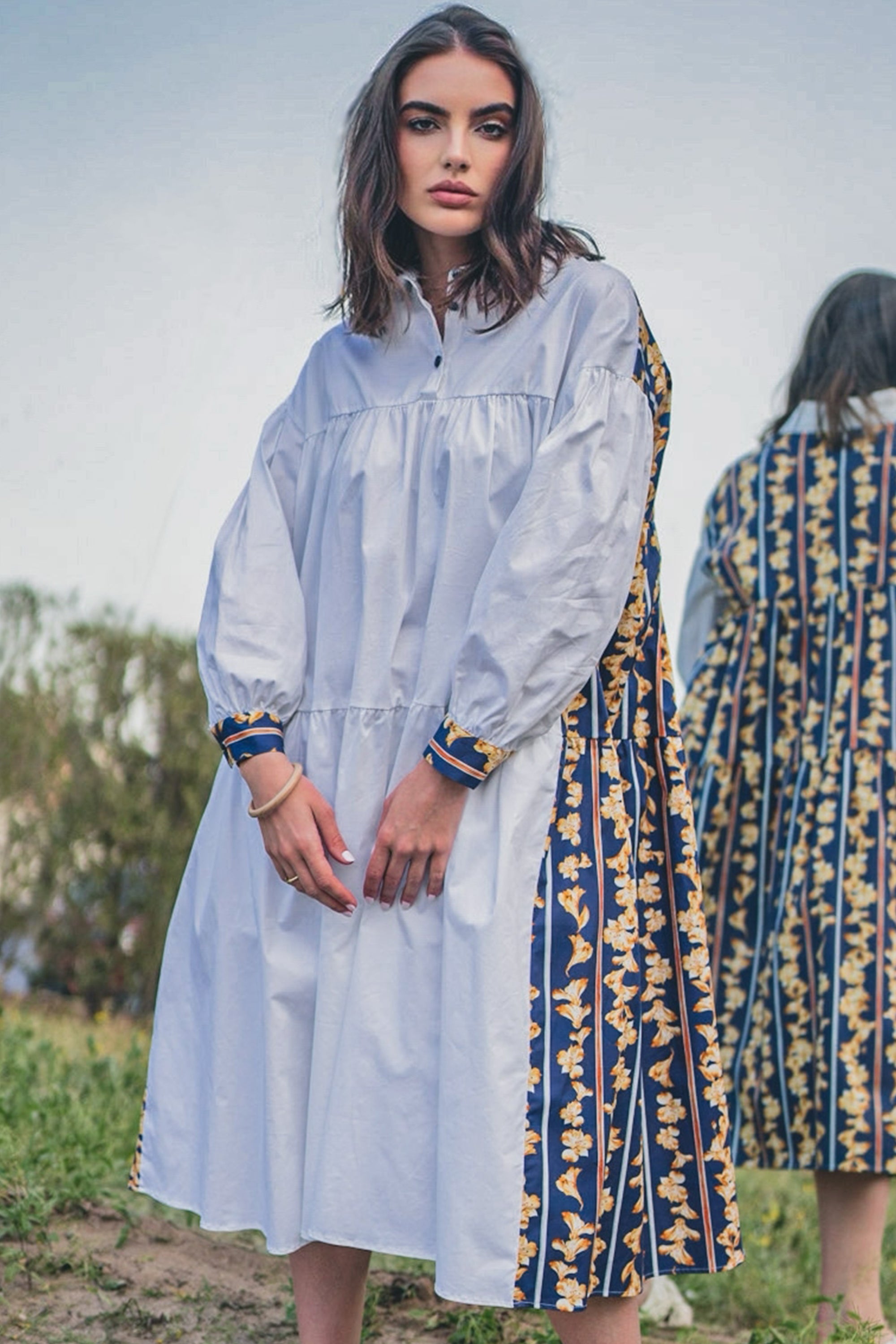 DRESS FLOW LONG PUFF SLEEVE PRINTED - فستان متناسق طويل اكمام منفوخه مطبوع