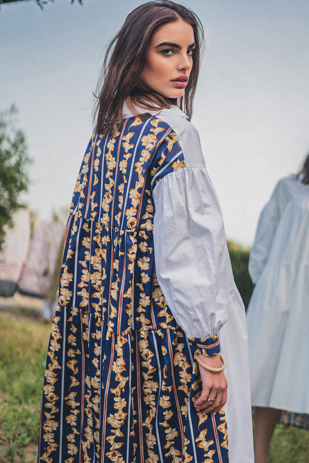 DRESS FLOW LONG PUFF SLEEVE PRINTED - فستان متناسق طويل اكمام منفوخه مطبوع