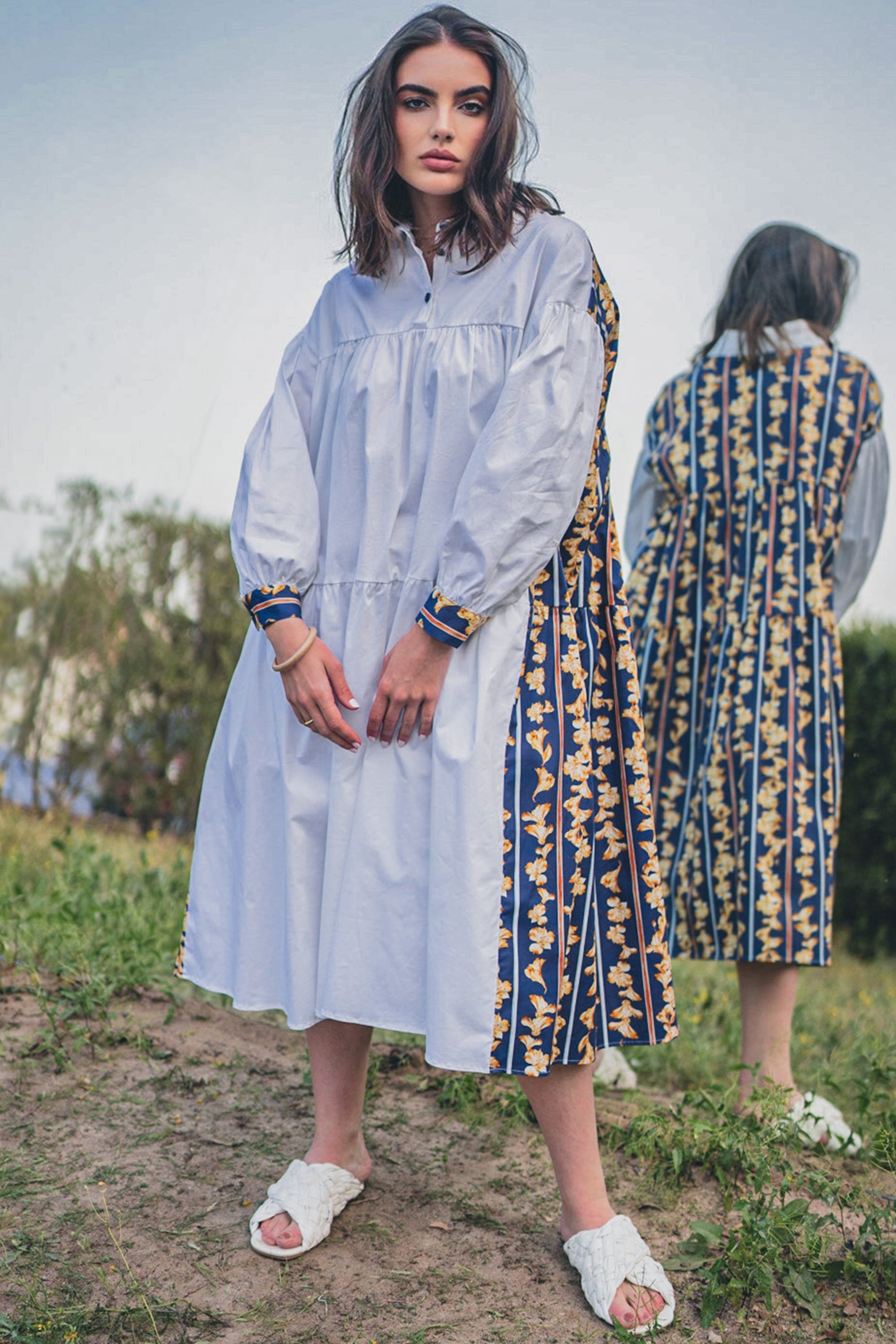 DRESS FLOW LONG PUFF SLEEVE PRINTED - فستان متناسق طويل اكمام منفوخه مطبوع