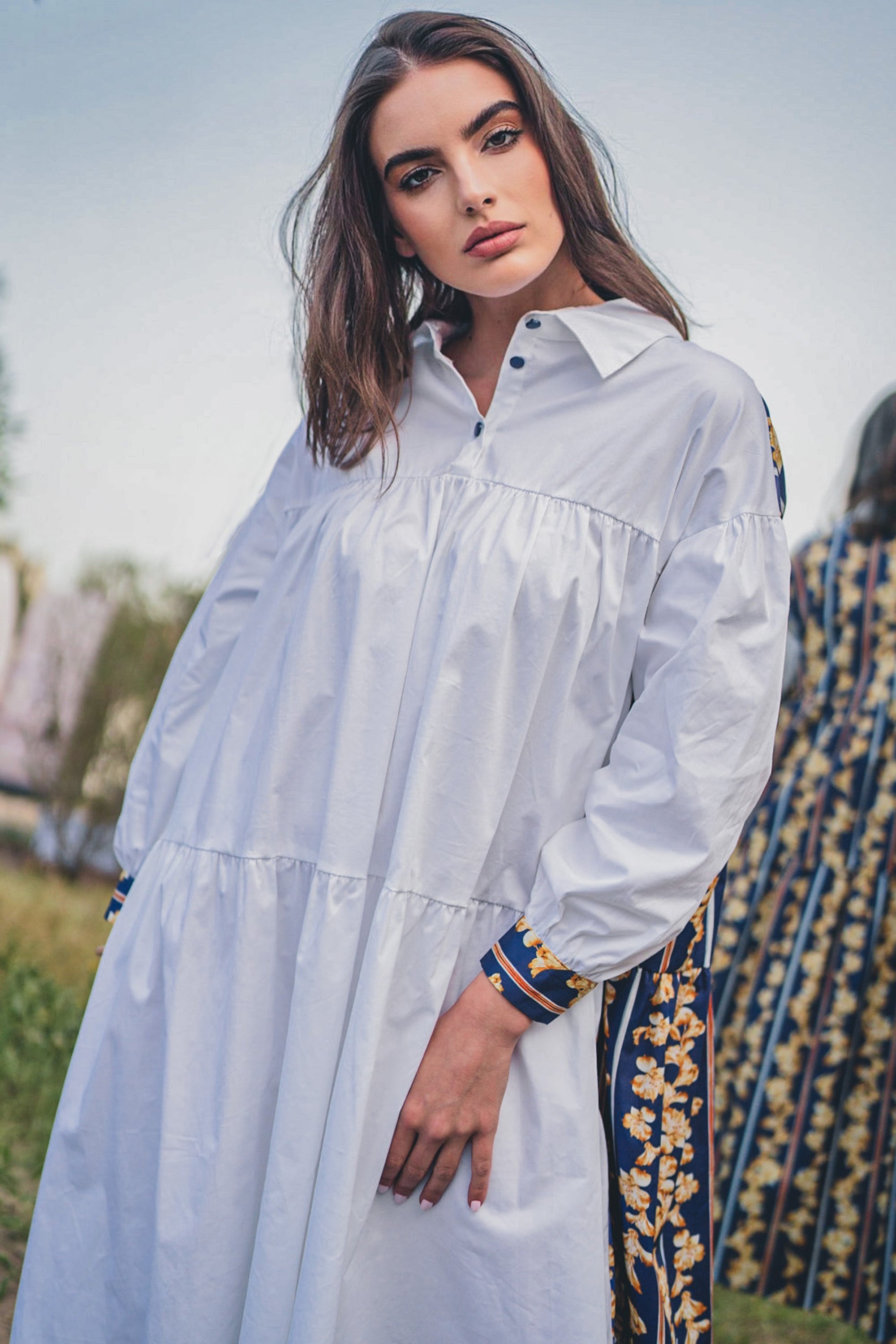 DRESS FLOW LONG PUFF SLEEVE PRINTED - فستان متناسق طويل اكمام منفوخه مطبوع