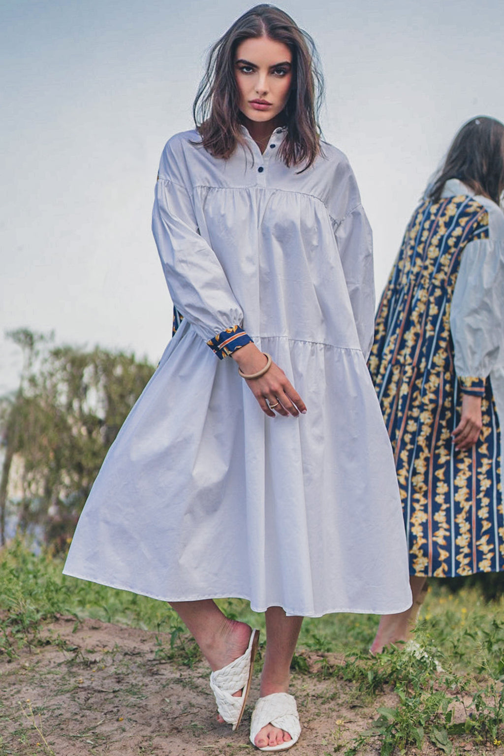 DRESS FLOW LONG PUFF SLEEVE PRINTED - فستان متناسق طويل اكمام منفوخه مطبوع