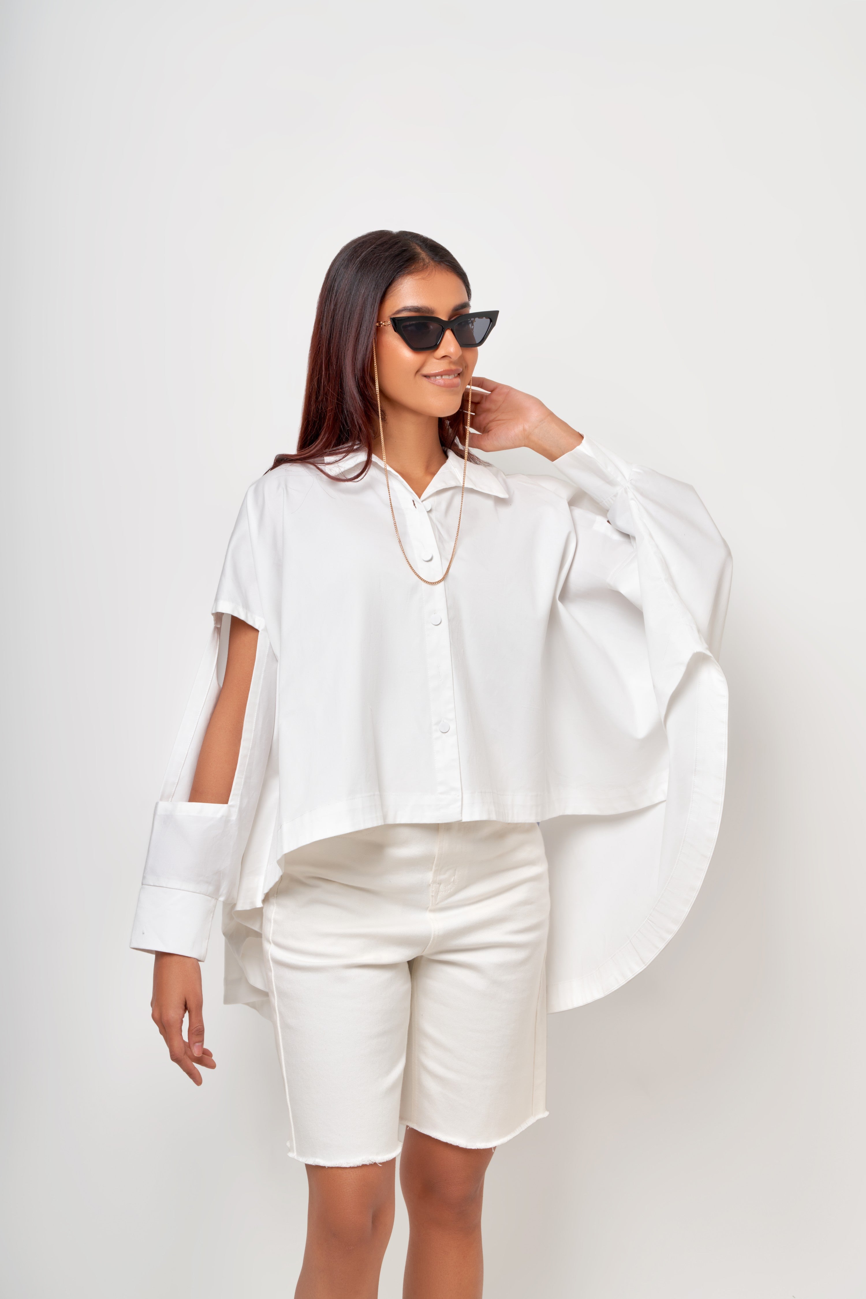 blue sky-   shirt  flow mid-long sleeve printed- قميص منسدل مع القوام متوسط الطول ساده مطبوع