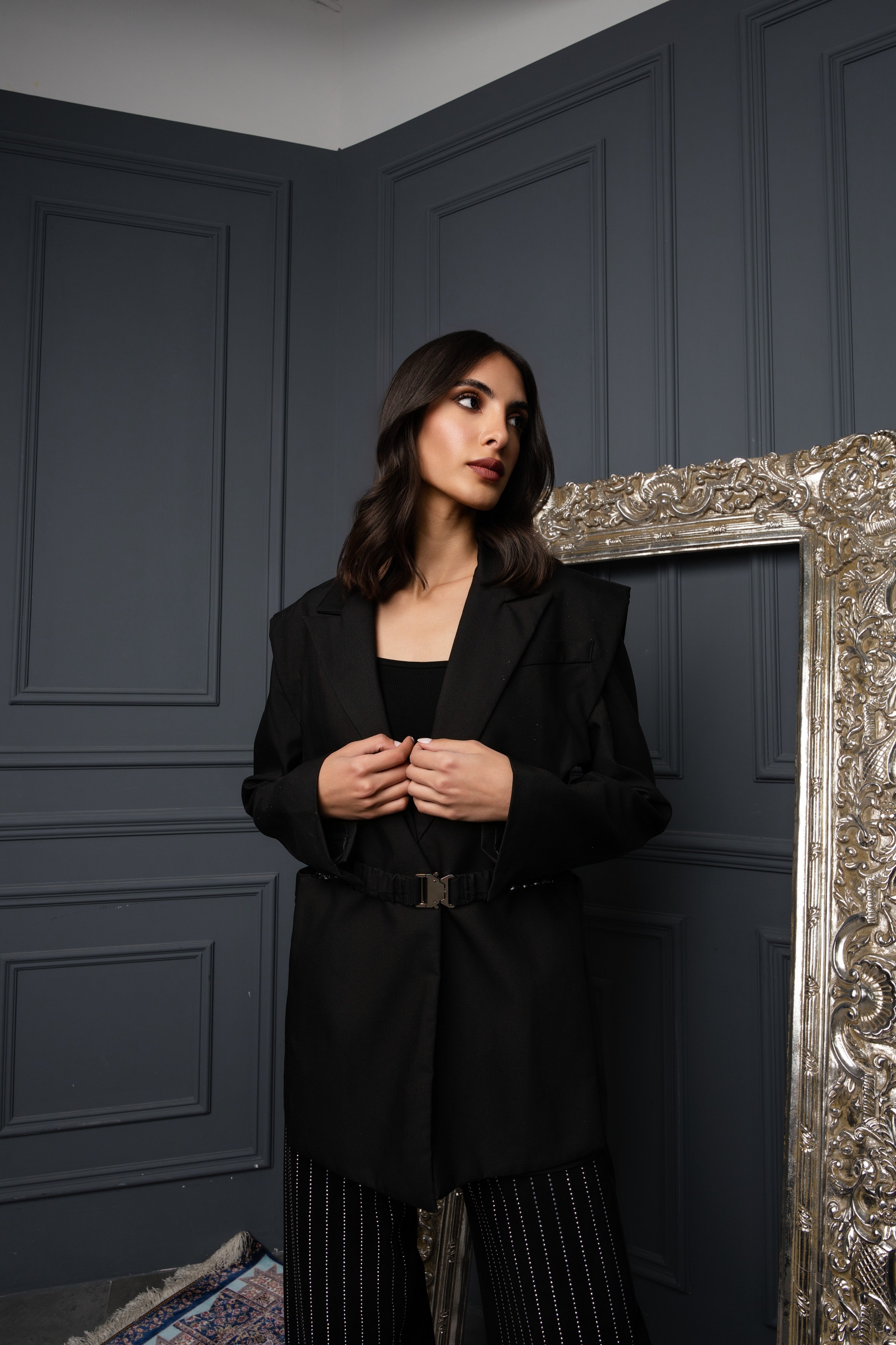 Waist-Tied Vest fit blazer long sleeve plain جاكيت متناسق كم طويل سادة
