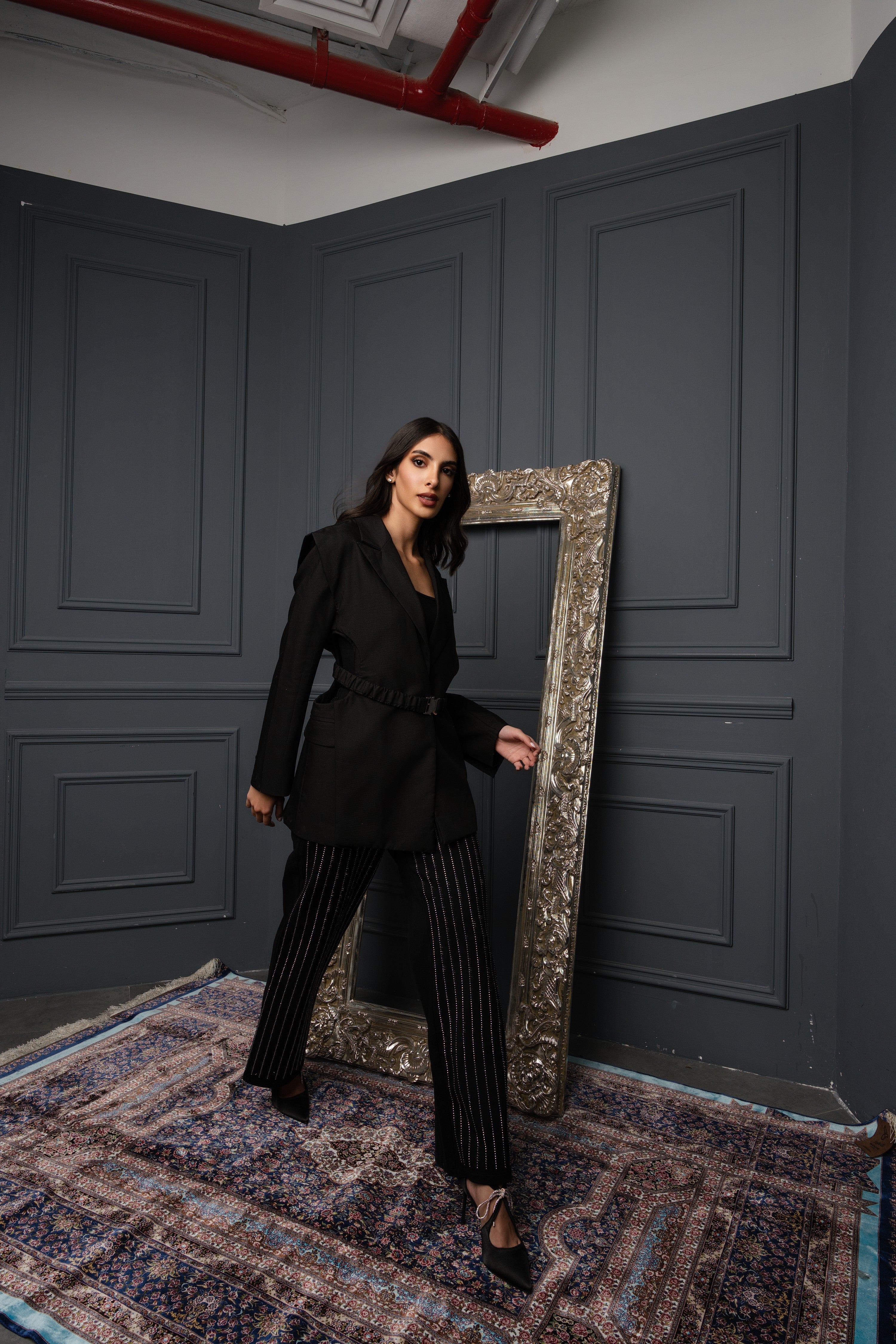 Waist-Tied Vest fit blazer long sleeve plain جاكيت متناسق كم طويل سادة