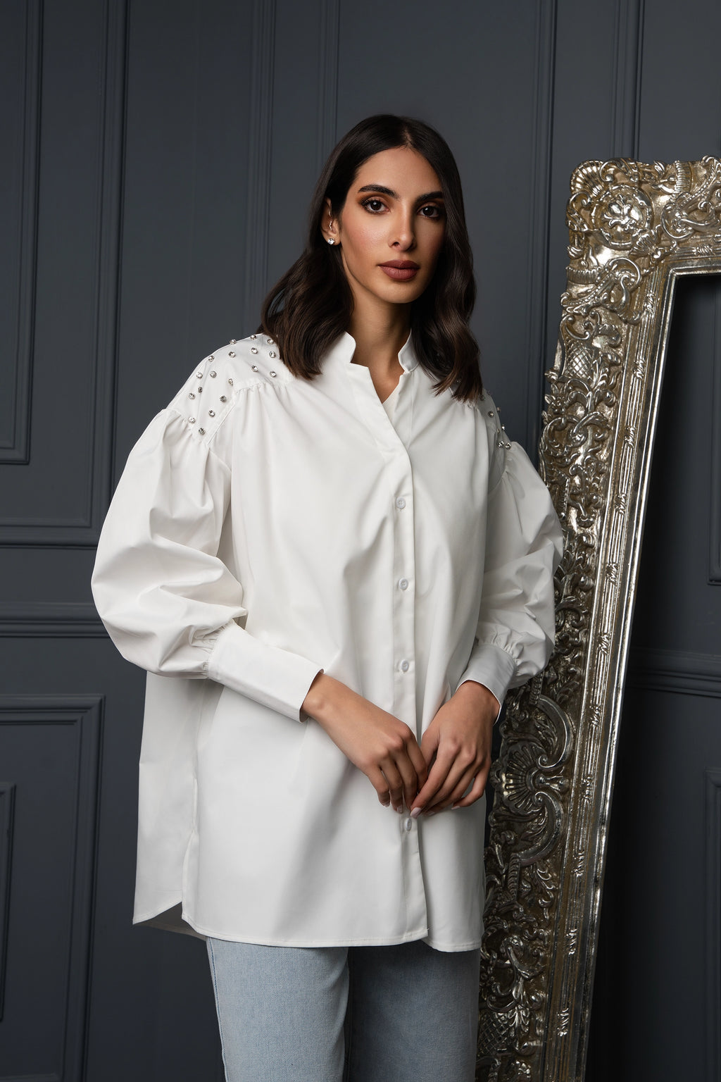 White Veil mid flow shirt long sleeve plain قميص فضفاض متوسط الطول كم طويل سادة