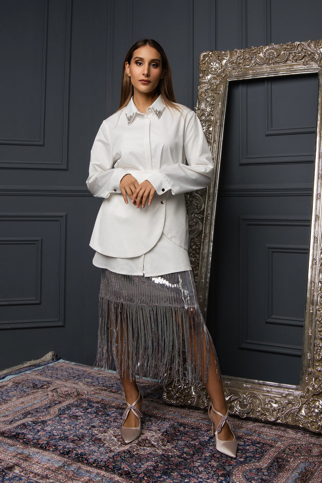 White Veil mid flow shirt long sleeve plain قميص فضفاض متوسط الطول كم طويل سادة