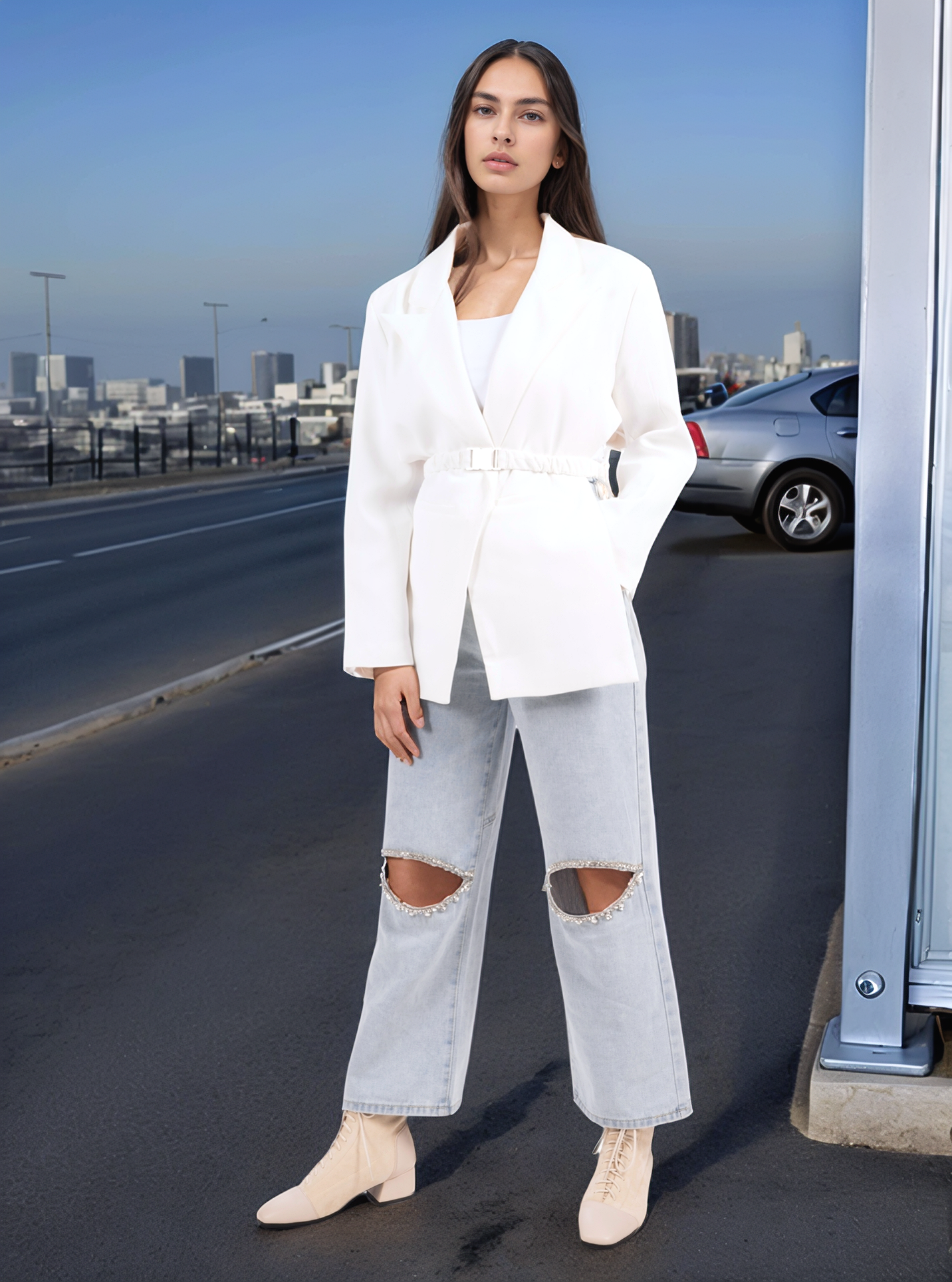 Buckled Vest  جاكيت متناسق كم طويل سادة