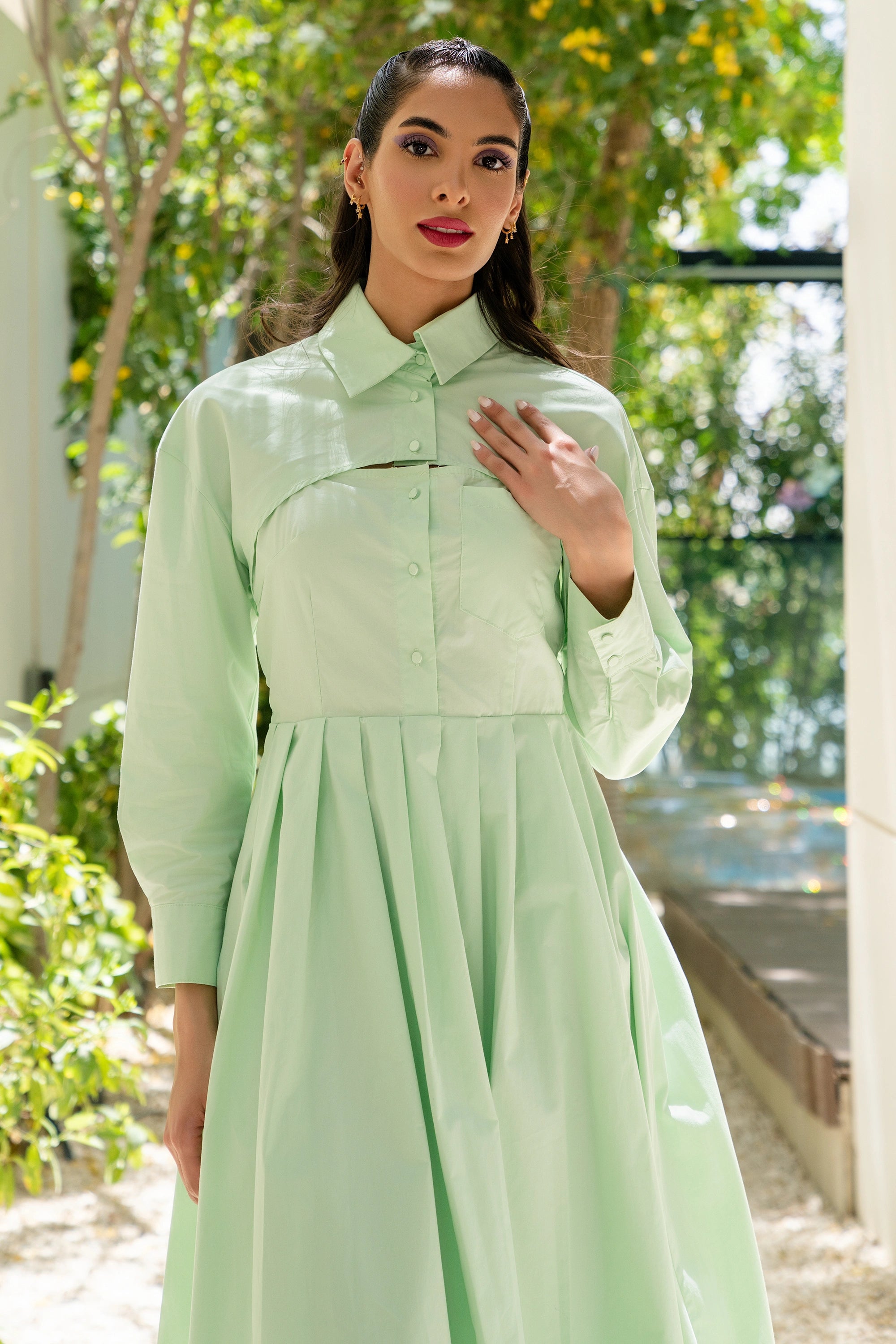 Mint Leaf flow mini dress long sleeve plain فستان قصير منسدل كم طويل سادة