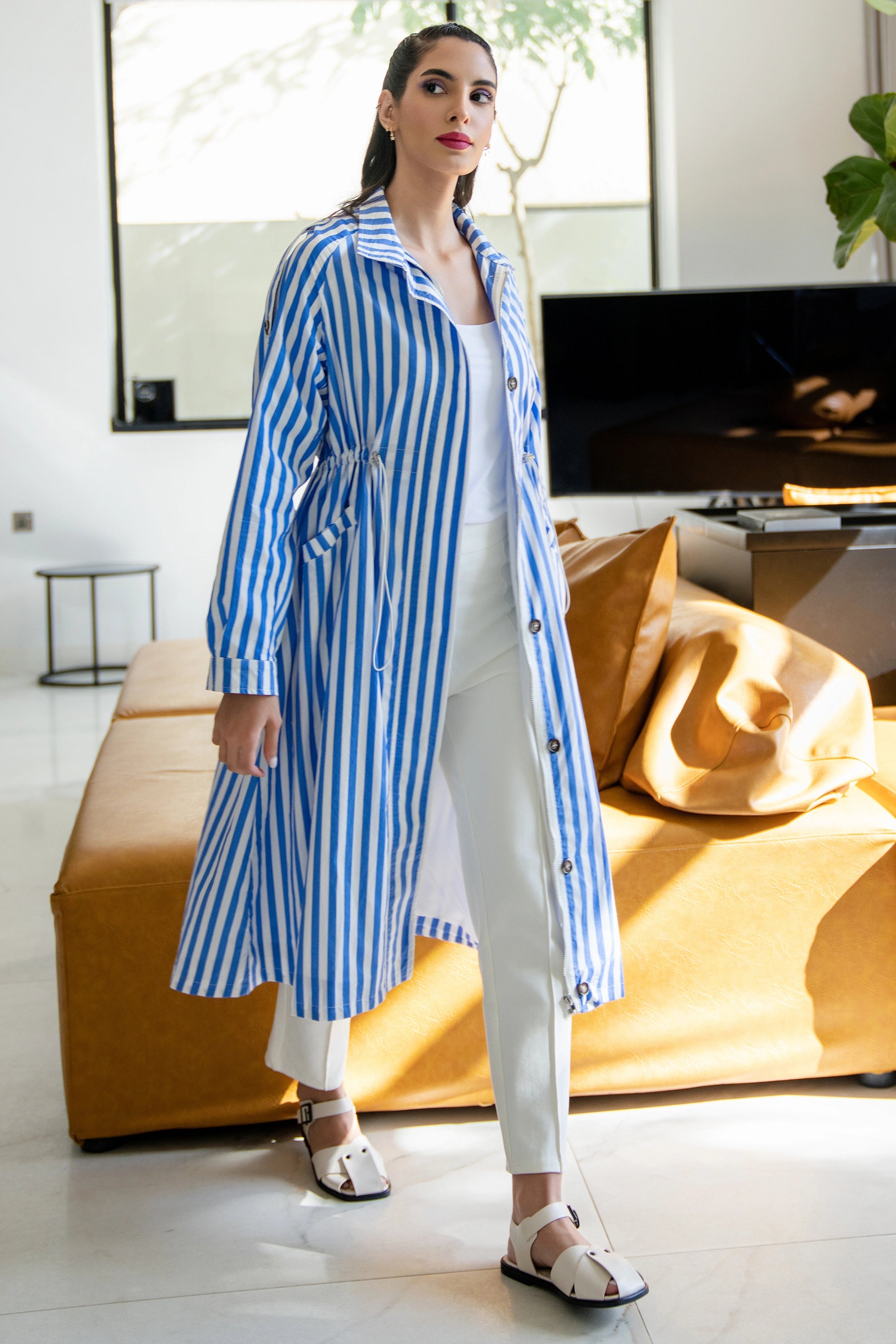 Blue Stripe Coat fit coat half sleeve stripe معطف متناسق كم طويل مخطط