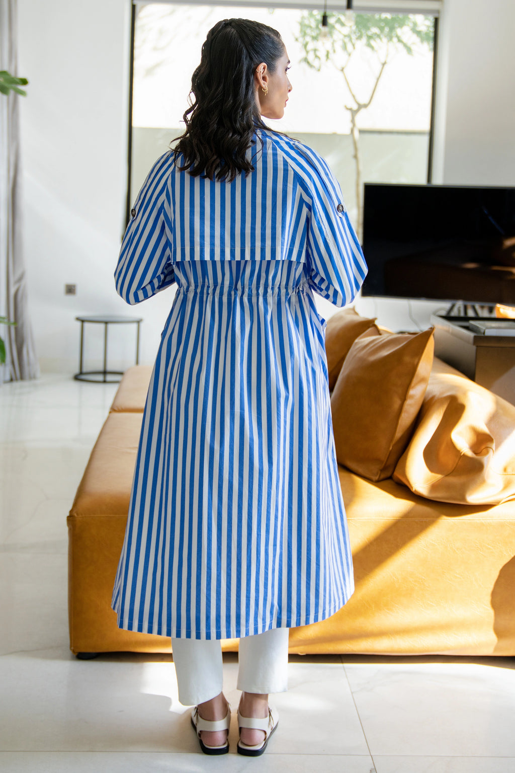 Blue Stripe Coat fit coat half sleeve stripe معطف متناسق كم طويل مخطط
