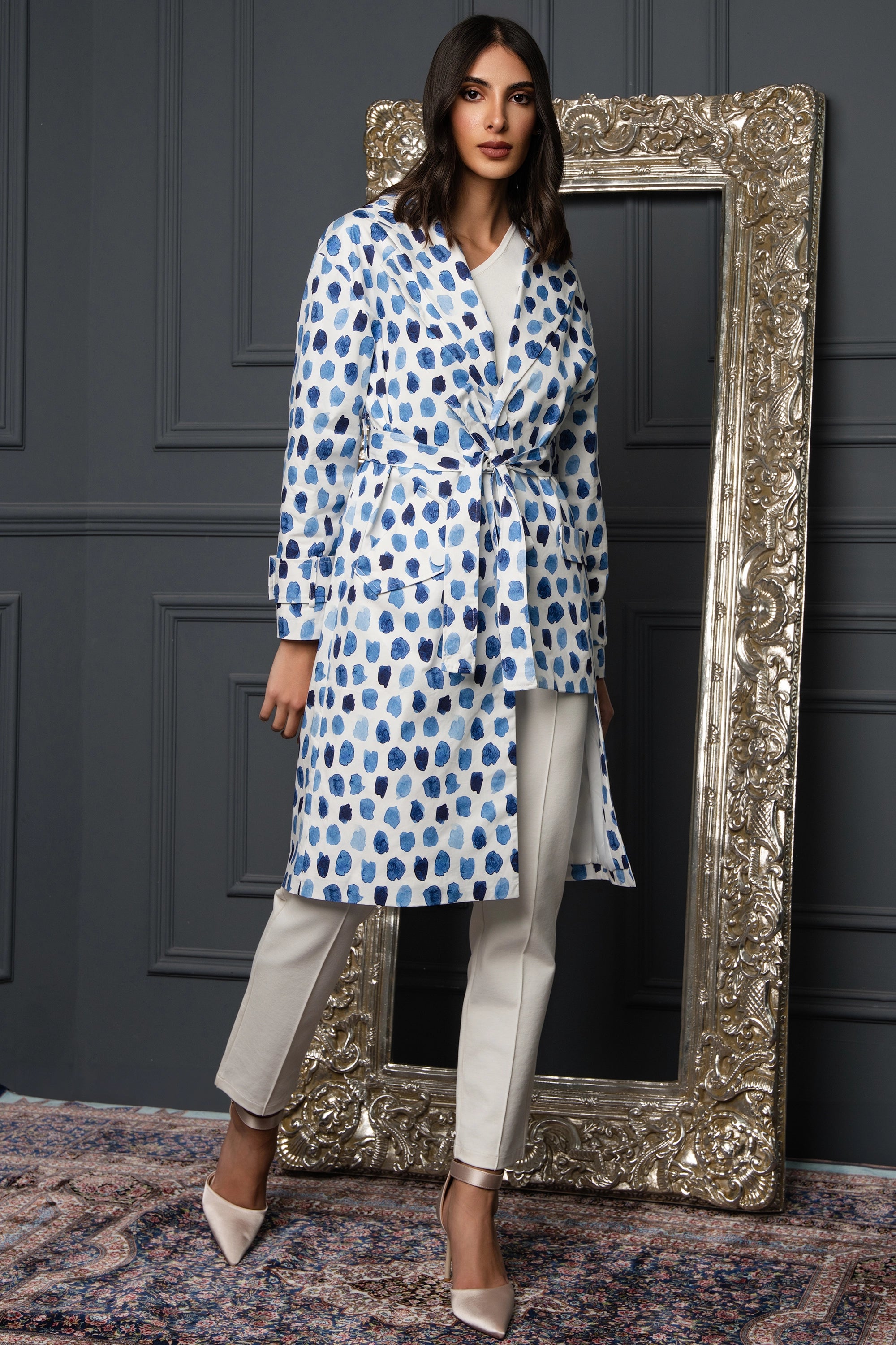 Dots of blue mid fit jacket long sleeve plain جاكيت متناسق متوسط الطول كم طويل سادة