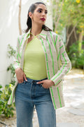 Green Strips  قميص متناسق متوسط الطول كم طويل