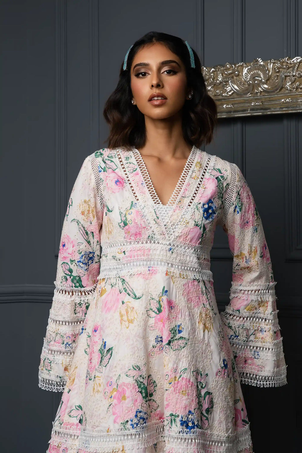 Floral flow mini dress long sleeve فستان قصير فضفاض كم طويل