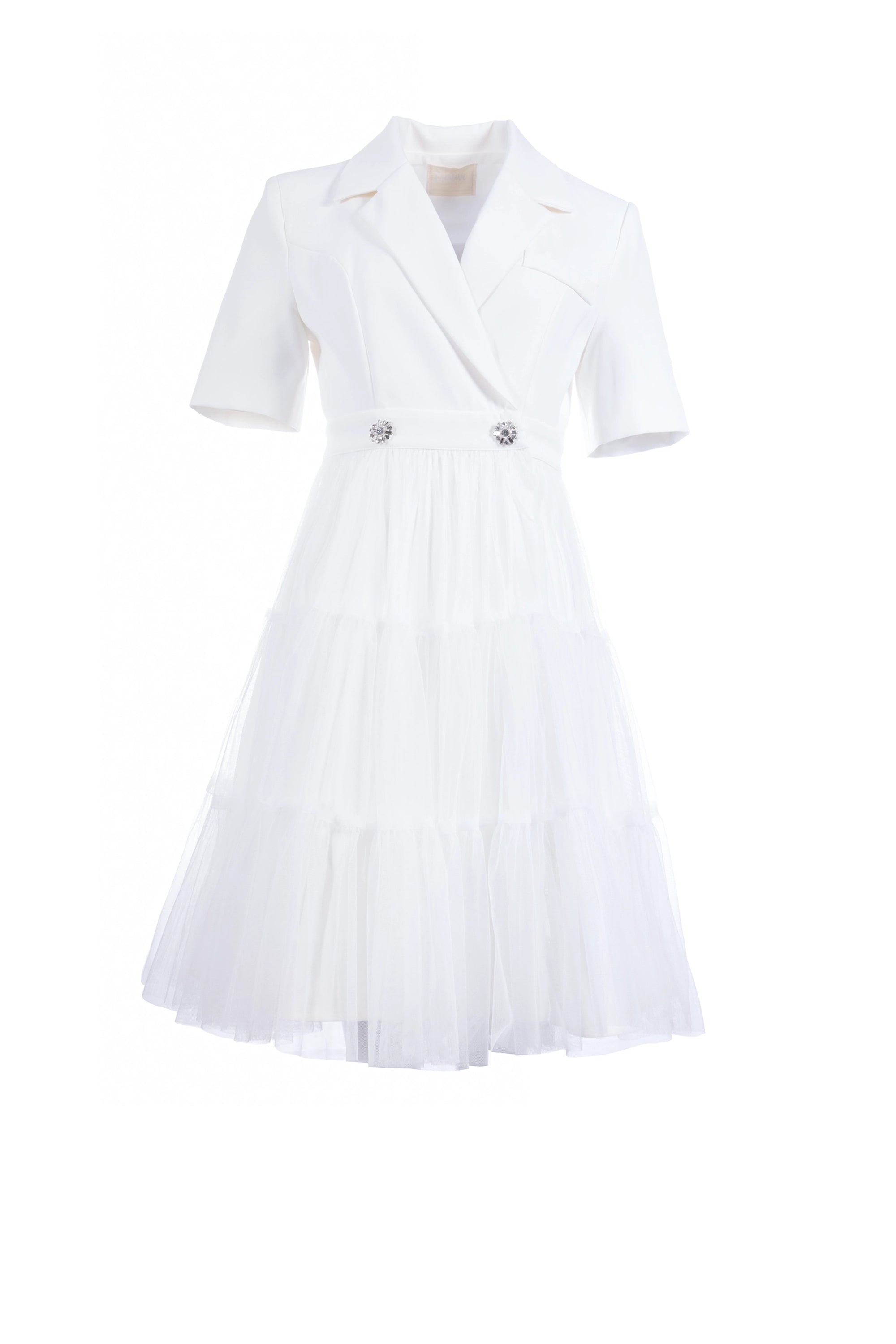 Elegance White mid fit dress half sleeve plain فستان متناسق كم قصير ساده