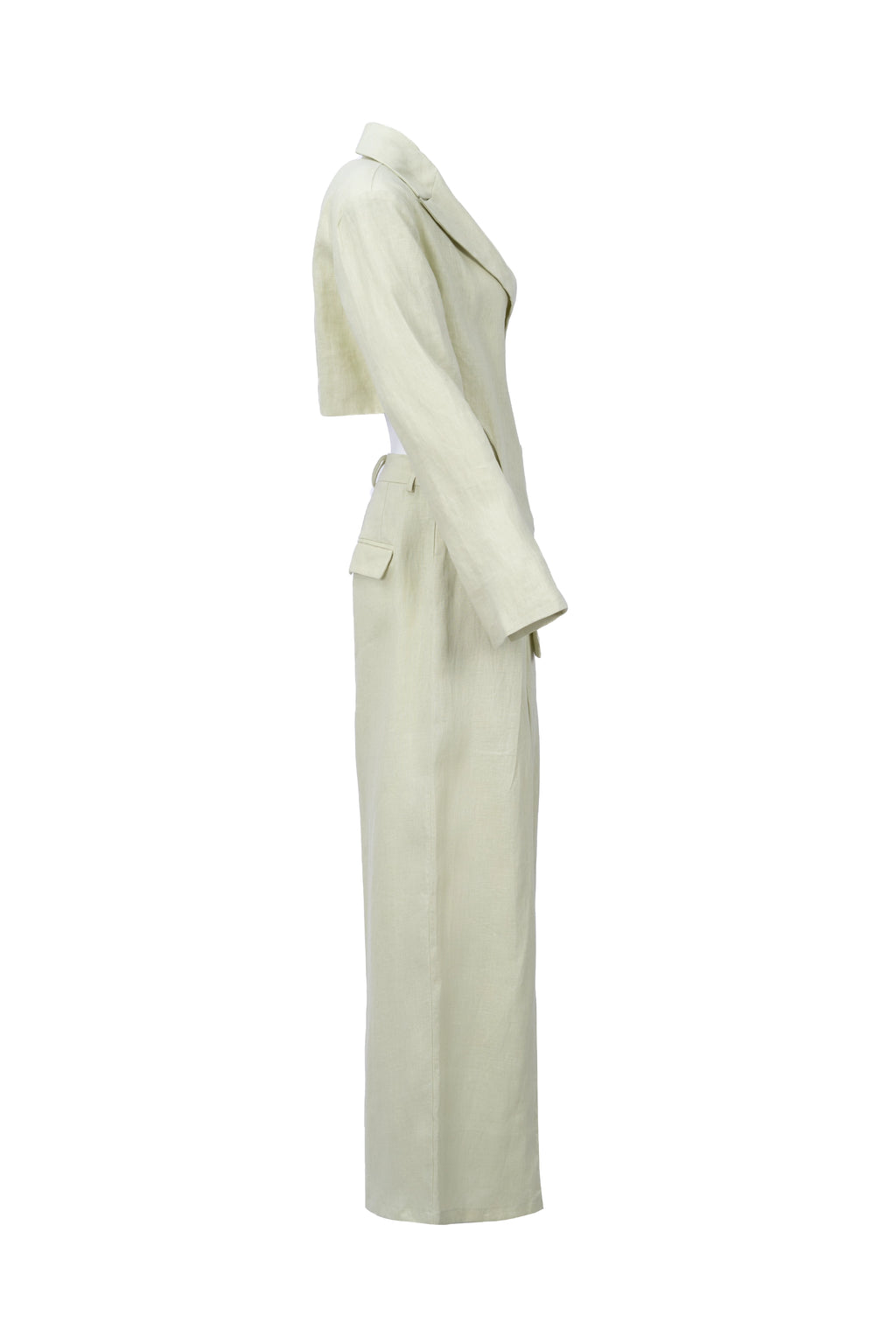 Mint Linen Co.ord set بليزر مزدوج الصدر. حاشية منخفضة مع فتحة على الأكمام