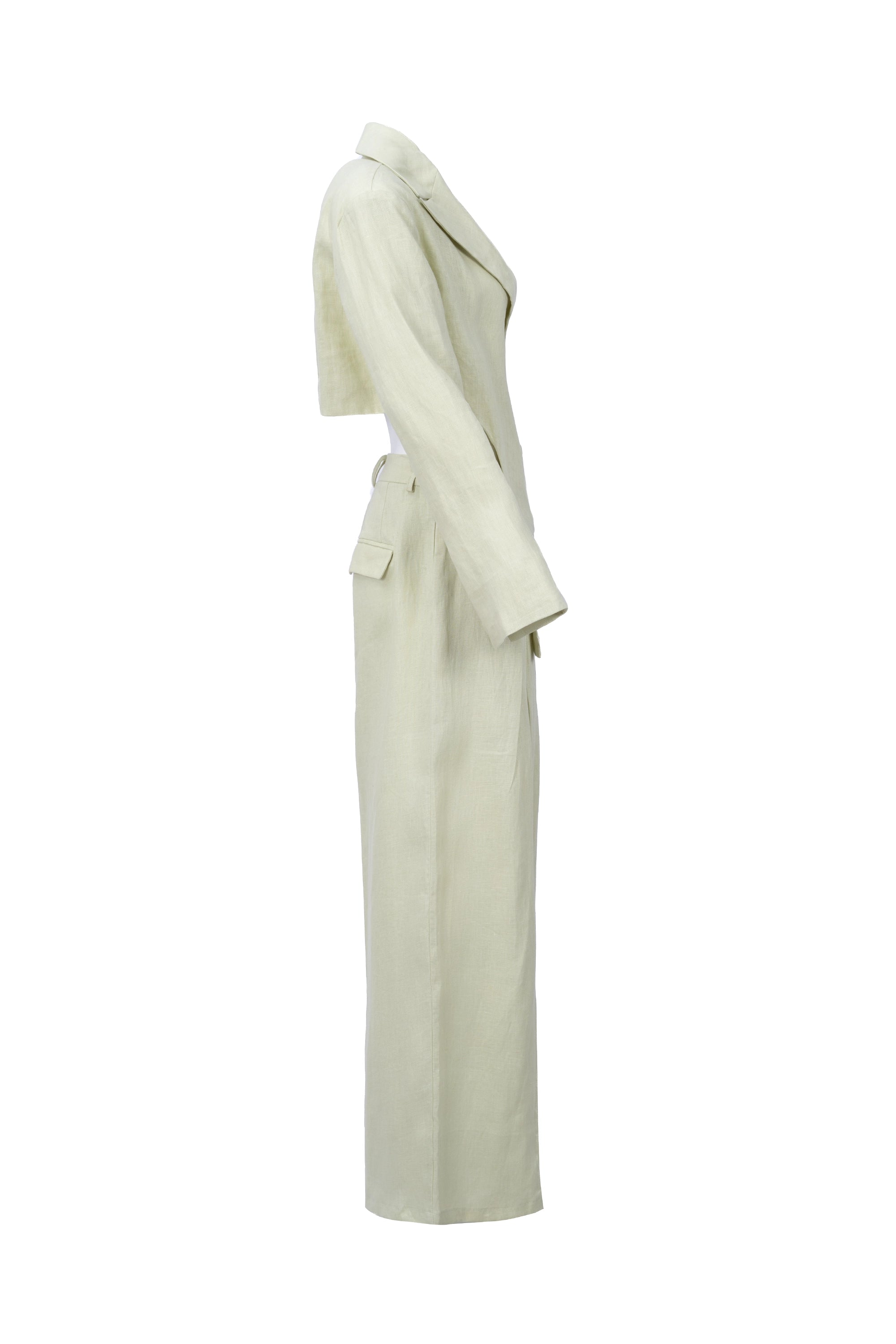 Mint Linen Co.ord set بليزر مزدوج الصدر. حاشية منخفضة مع فتحة على الأكمام