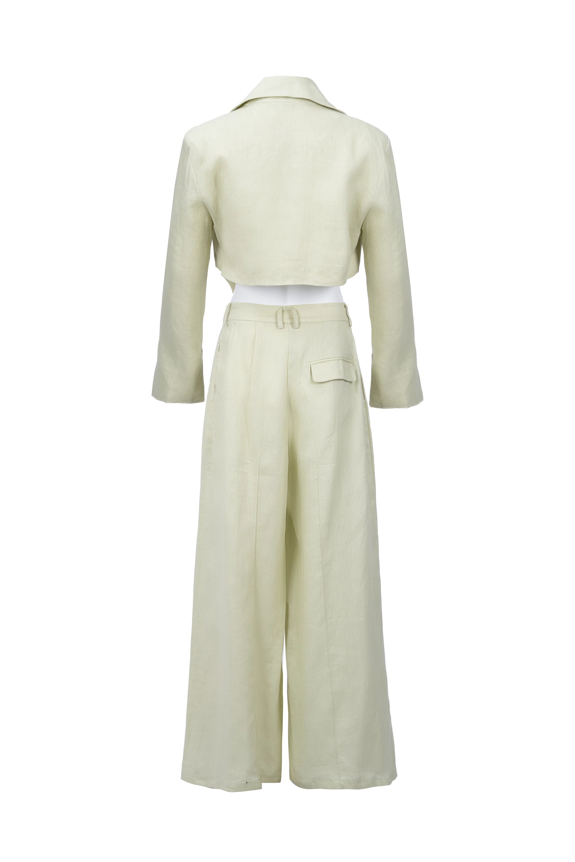 Mint Linen Co.ord set بليزر مزدوج الصدر. حاشية منخفضة مع فتحة على الأكمام
