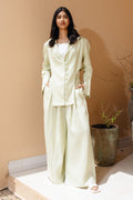 Mint Linen Co.ord set بليزر مزدوج الصدر. حاشية منخفضة مع فتحة على الأكمام