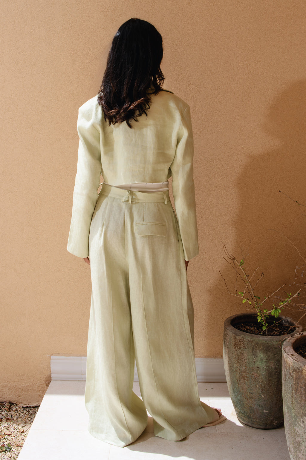 Mint Linen Co.ord set بليزر مزدوج الصدر. حاشية منخفضة مع فتحة على الأكمام