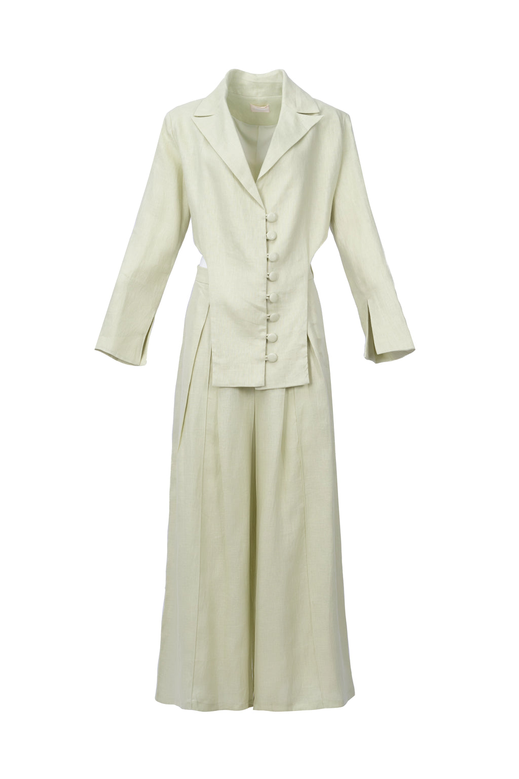 Mint Linen Co.ord set بليزر مزدوج الصدر. حاشية منخفضة مع فتحة على الأكمام