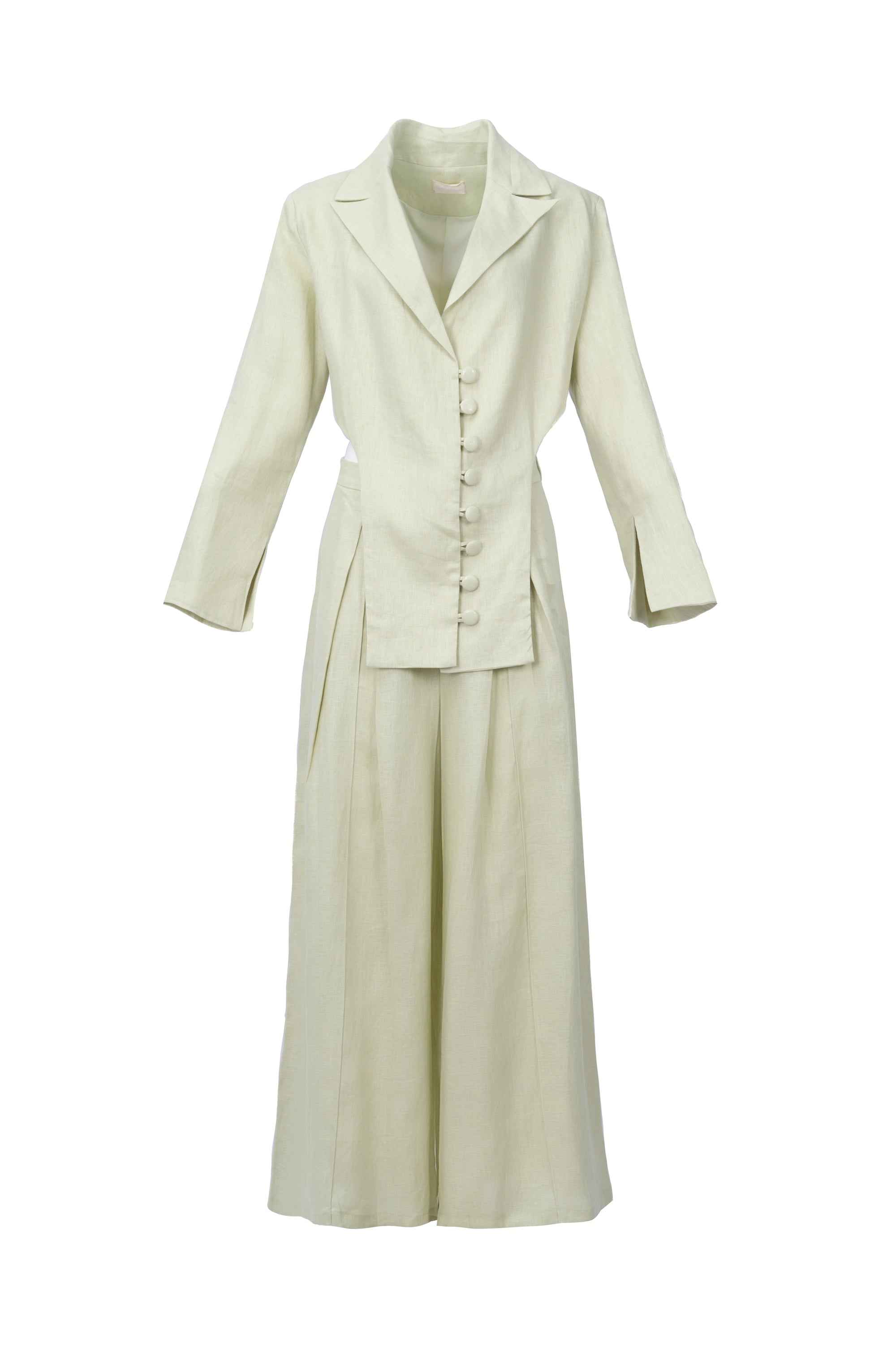 Mint Linen Co.ord set بليزر مزدوج الصدر. حاشية منخفضة مع فتحة على الأكمام