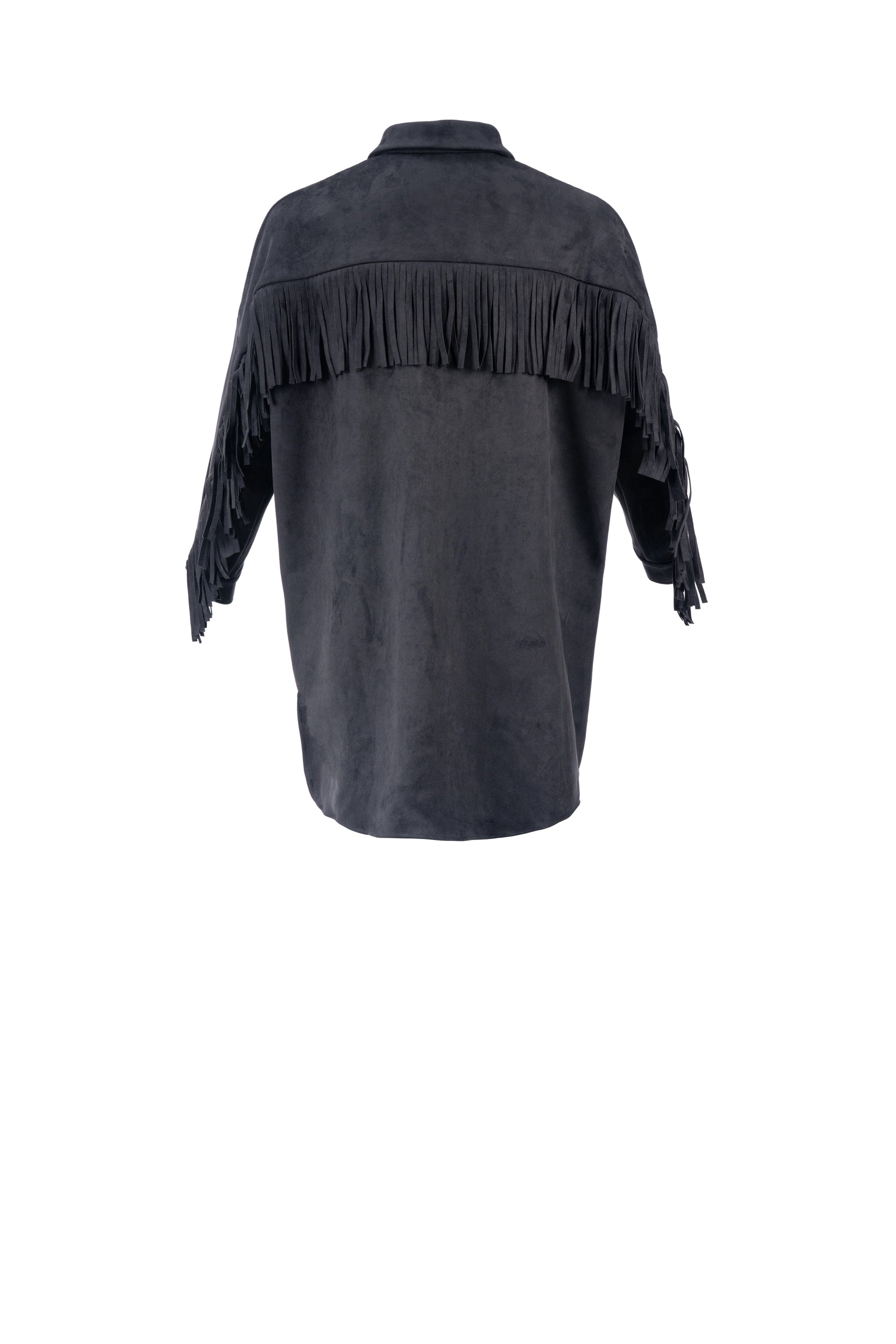 SUEDE SHACKET SHIRT Shirt : Drop Shoulder. Shirt-tail Hem. Barrel cuffs. Playful Fringe-Details at the Back. كتف منسدل.على شكل قميص. أكمام أسطوانية.شراشيب جذابة في الخلف