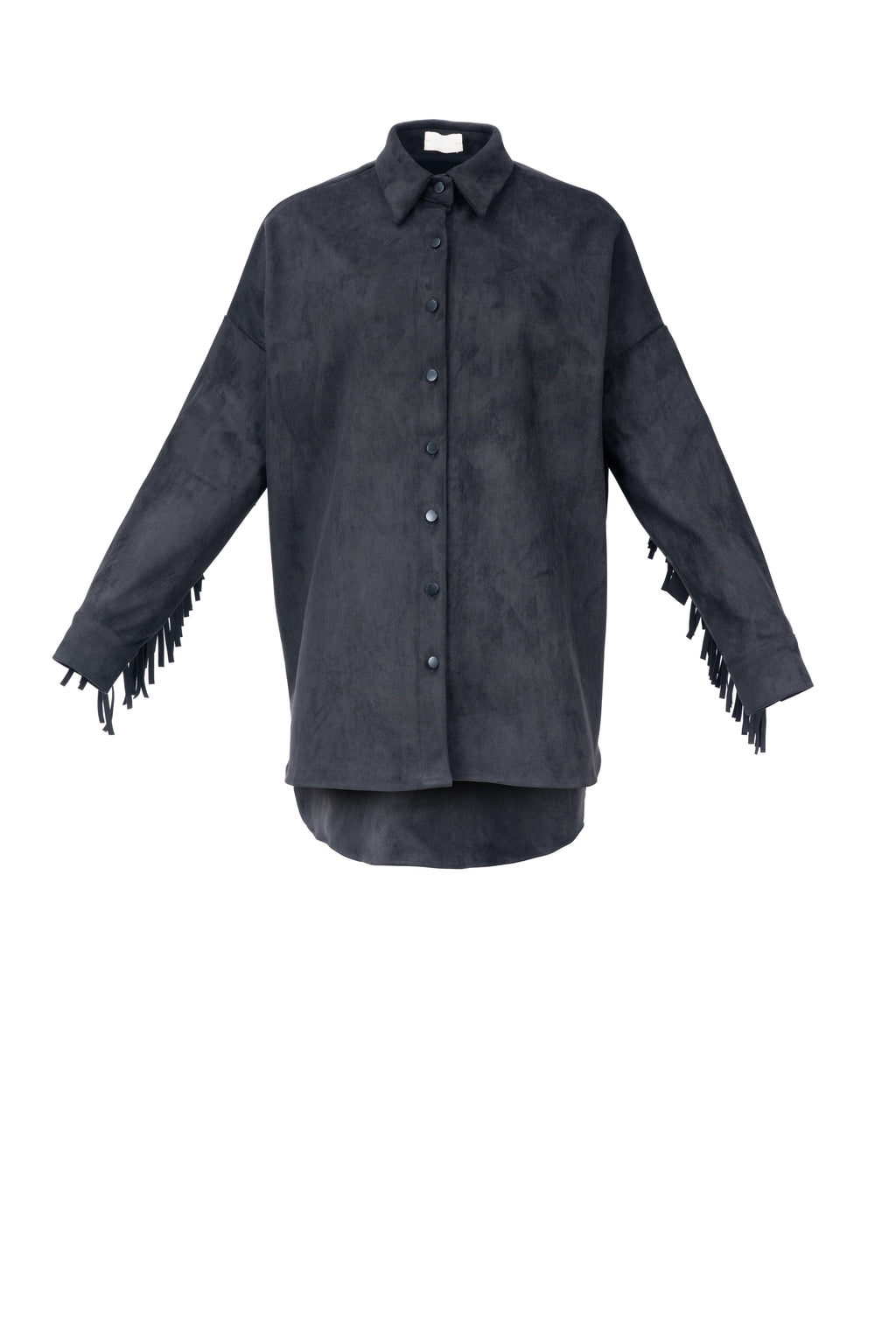 SUEDE SHACKET SHIRT Shirt : Drop Shoulder. Shirt-tail Hem. Barrel cuffs. Playful Fringe-Details at the Back. كتف منسدل.على شكل قميص. أكمام أسطوانية.شراشيب جذابة في الخلف
