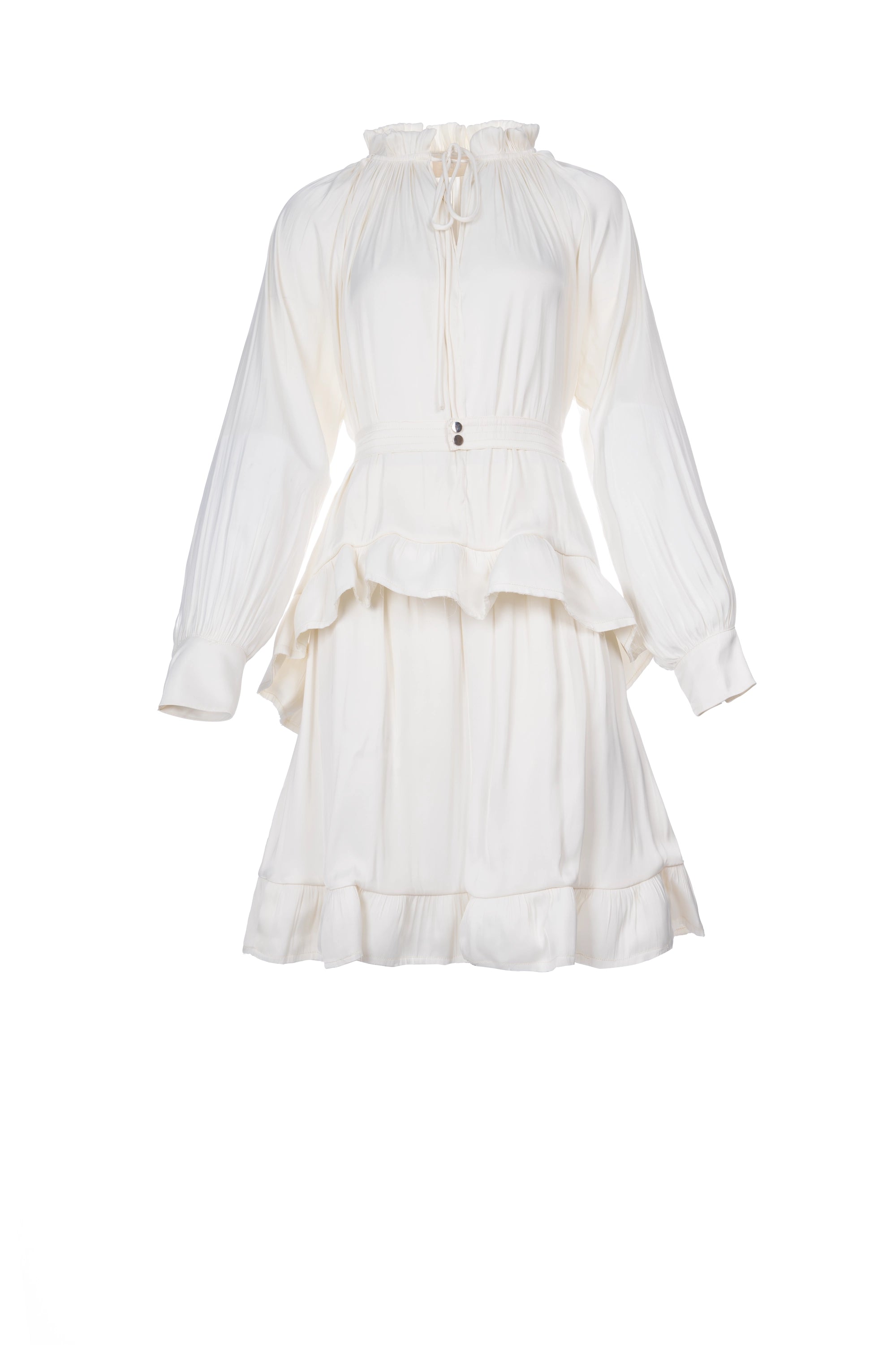 PEPLUM ENSEMBLE SET Top : Peplum Hem. Tie-Up Neckline. Full Raglan Sleeves. Skirt : Peplum Bottom. Mid Length. الجزء العلوي: حاشية بيبلوم. رقبة مربوطة. أكمام راجلان كاملة. التنورة: سفلية بيبلوم. طول متوسط