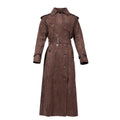 CAVANAUGH TRENCH COAT Double Breasted Button Closure. With Deatchable Belt. Epaulette Details. Suede Fabric. Maxi Length. Full sleeves إغلاق بزر مزدوج. مع حزام قابل للفصل. تفاصيل على الكتف. قماش شمواه. طول ماكسي. أكمام طويلة.