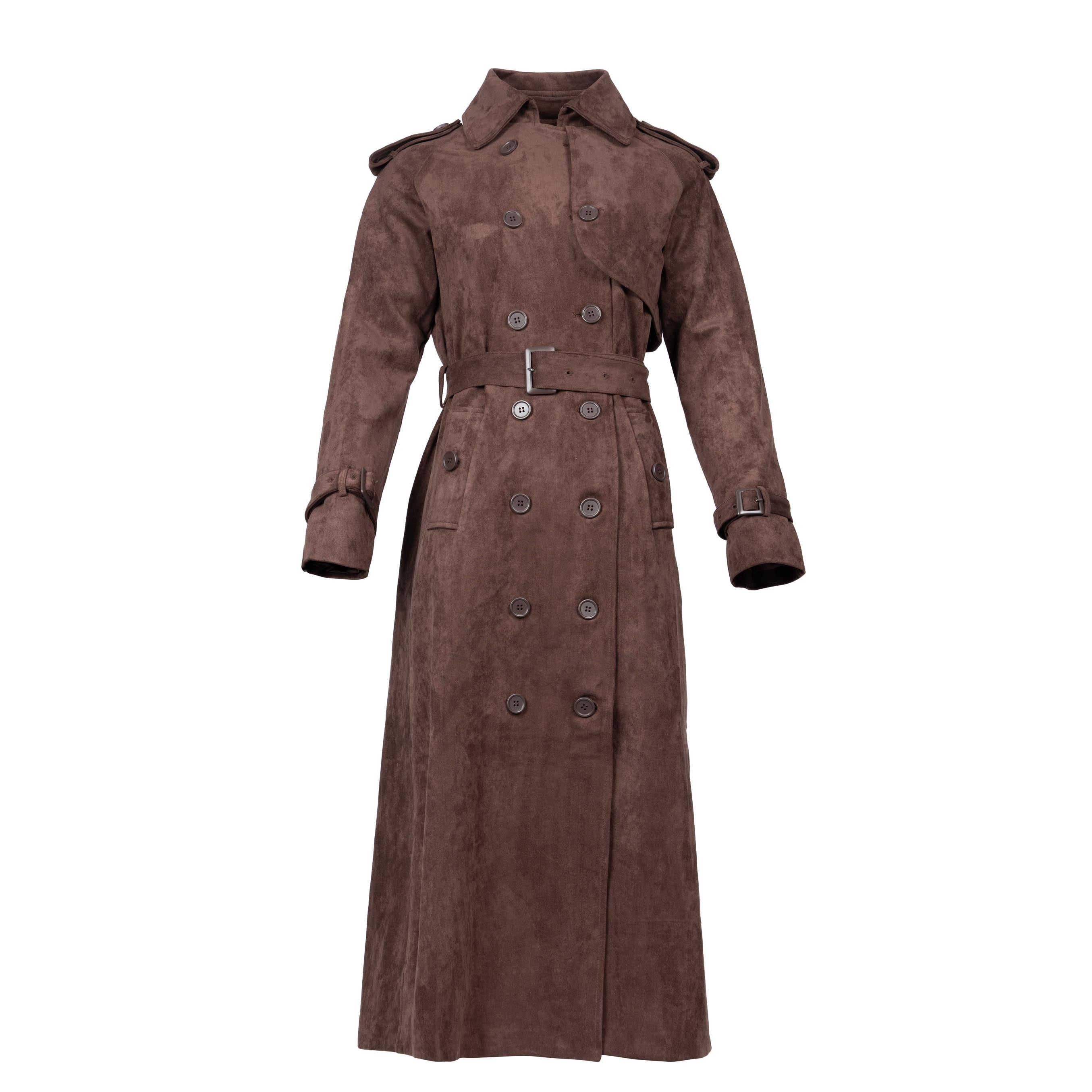 CAVANAUGH TRENCH COAT Double Breasted Button Closure. With Deatchable Belt. Epaulette Details. Suede Fabric. Maxi Length. Full sleeves إغلاق بزر مزدوج. مع حزام قابل للفصل. تفاصيل على الكتف. قماش شمواه. طول ماكسي. أكمام طويلة.
