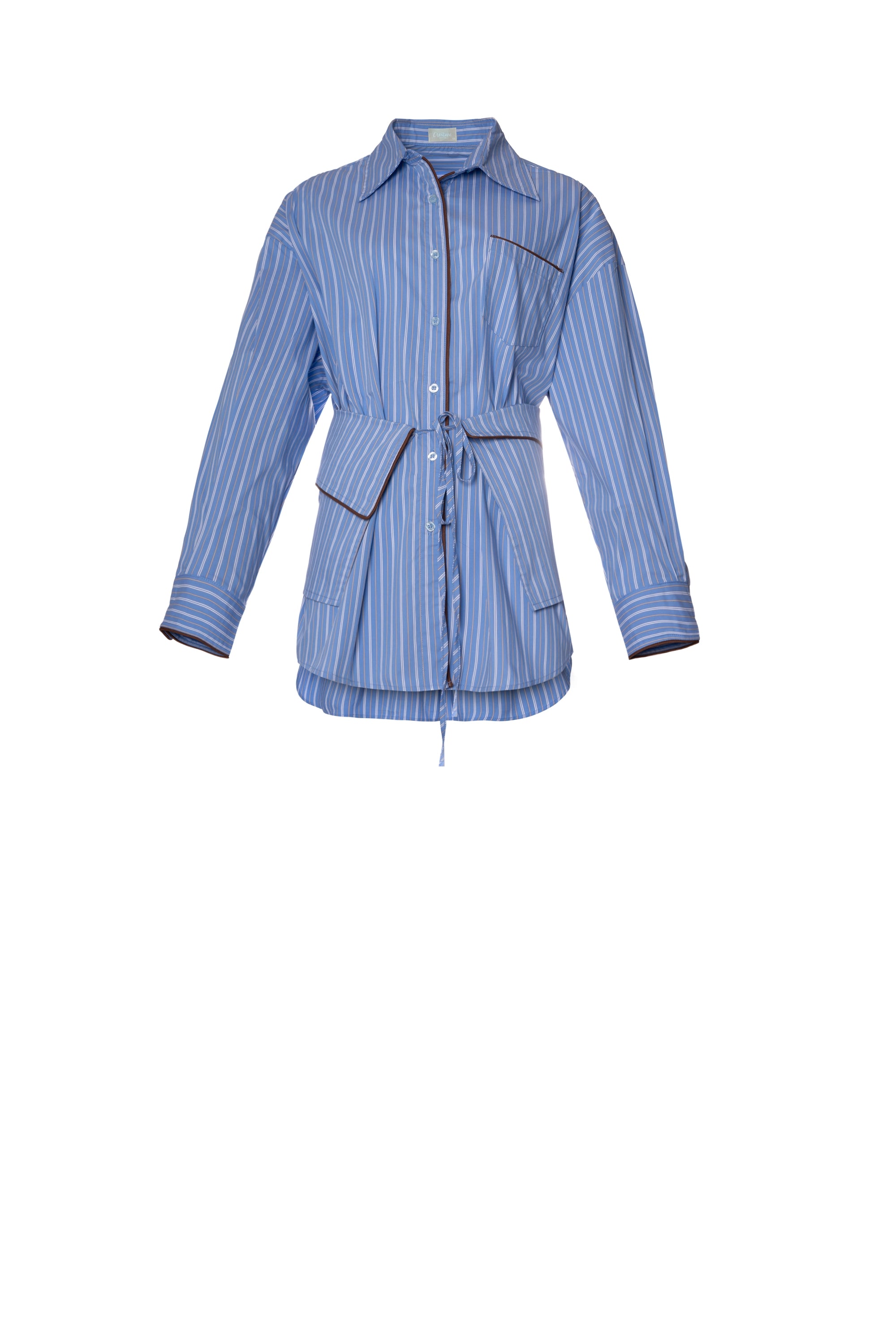 CINCH STRIPE SHIRT قميص: أكمام طويلة. طول واسع. إغلاق بأزرار. تفاصيل حواف بنية اللون. حزام: تفاصيل طيّة قابلة للطي. مزود بحلقة ربط.