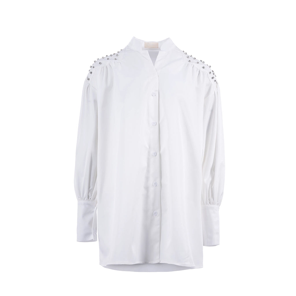 White Veil mid flow shirt long sleeve plain قميص فضفاض متوسط الطول كم طويل سادة