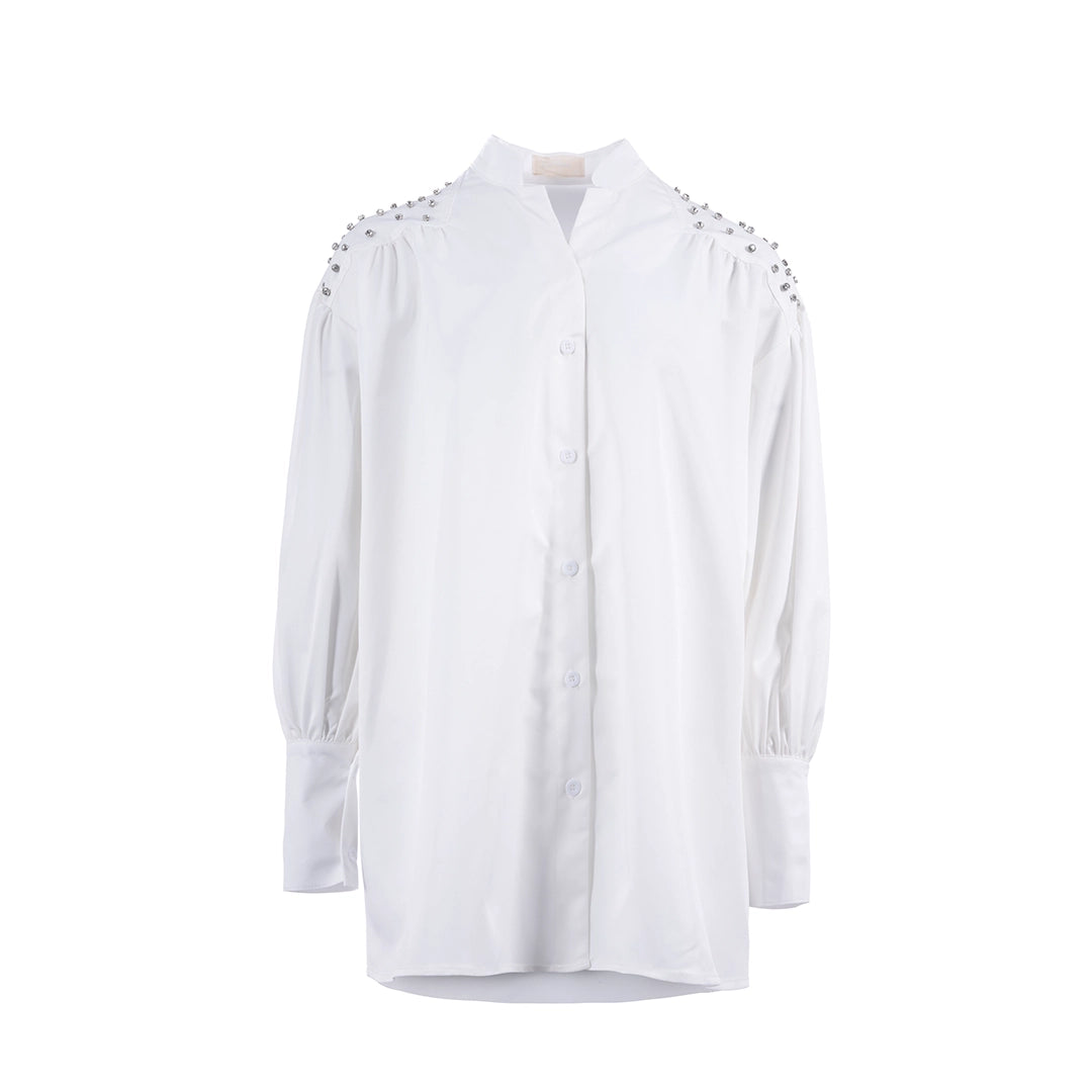 White Veil mid flow shirt long sleeve plain قميص فضفاض متوسط الطول كم طويل سادة
